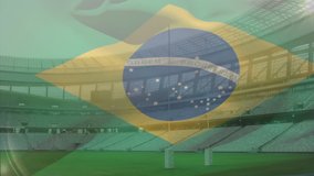 Animation of a Brazilian flag waving in the wind with the empty sports pitch and seating at a stadium in the background. Cancelled events during coronavirus Covid-19 pandemic, digital composite - Powered by Shutterstock - Get 15% off with code: PIKWIZARD15