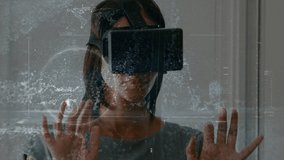 Animation of scope scanning data processing digital interface over woman wearing VR headset and world map. Online global navigation concept digital composite. - Powered by Shutterstock - Get 15% off with code: PIKWIZARD15