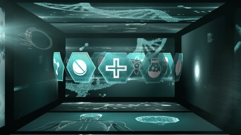 Animation of medical icons, medical data processing, DNA strand turning, human brain and body on digital screens. Medicine research science concept digitally generated image.