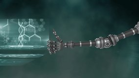 Animation of medical data processing, DNA strand rotating and robot hand showing thumbs up on digital screens. Medicine research science concept digitally generated image. - Powered by Shutterstock - Get 15% off with code: PIKWIZARD15