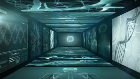 Animation of medical data processing, DNA strands and human brain turning on digital screens. Medicine research science concept digitally generated image. - Powered by Shutterstock - Get 15% off with code: PIKWIZARD15