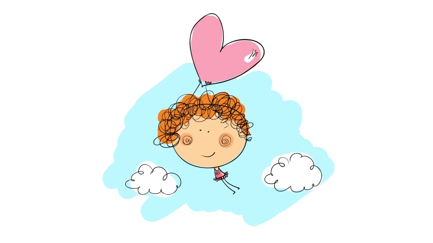 Sweet valentines day card cover with cute curly haired girl with long legs  holding up to a heart balloon flying through the light blue sky