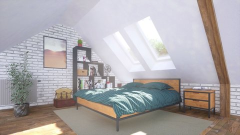 Comfortable double bed under mansard windows and simple minimalist shelves in bright modern bedroom interior on attic floor at sunny day. With no people realistic 3D animation rendered in 4K