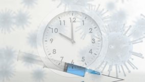 Animation of a syringe falling down with a white clock with fast moving hands and macro cells floating in the background. Coronavirus Covid-19 pandemic concept digital composite. - Powered by Shutterstock - Get 15% off with code: PIKWIZARD15
