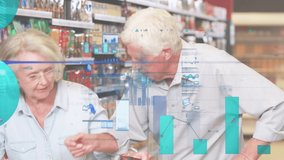 Animation of Caucasian senior couple shopping in grocery store with shopping trolley and financial data processing. Global finance and shopping concept digital composite. - Powered by Shutterstock - Get 15% off with code: PIKWIZARD15