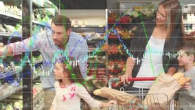 Animation of Caucasian couple with their son and daughter shopping in grocery store with shopping trolley and financial data processing. Global finance and shopping concept digital composite. - Powered by Shutterstock - Get 15% off with code: PIKWIZARD15