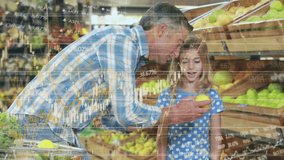 Animation of Caucasian man with his daughter shopping in grocery store with shopping trolley choosing apples and financial data processing. Global finance and shopping concept digital composite. - Powered by Shutterstock - Get 15% off with code: PIKWIZARD15