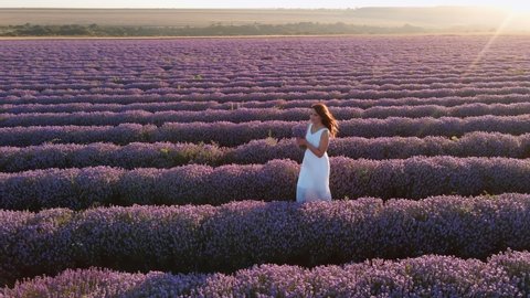 Woman on lavender field whirls with bouquet of lavender flowers long hair smiles, stands happily against blue sky at sunset in summer, enjoys nature of slow motion drone aerial view. Relax