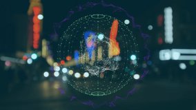 Animation of spinning globe and icons floating with web of connections over cityscape at night. Global networking and connection concept digitally generated image. - Powered by Shutterstock - Get 15% off with code: PIKWIZARD15