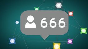 Animation of increasing numbers over icons floating with web of connections. Social networking global connections concept digitally generated image. - Powered by Shutterstock - Get 15% off with code: PIKWIZARD15