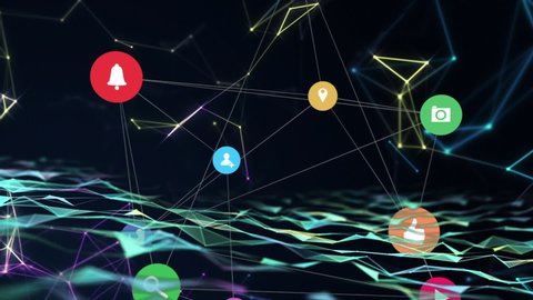 Animation of network of social media icons and light trail flowing on black background. Global social media online community concept digitally generated image.