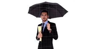 Animation of Caucasian businessman holding umbrella financial data processing with three red lines descending in the background. Global business and finances concept digitally generated image. - Powered by Shutterstock - Get 15% off with code: PIKWIZARD15