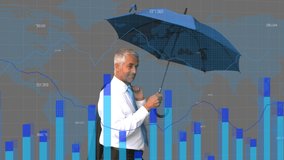 Animation of Caucasian businessman holding umbrella financial data processing with blue lines and world map in the background. Global business and finances concept digitally generated image. - Powered by Shutterstock - Get 15% off with code: PIKWIZARD15