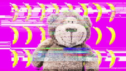 Video of funny soft toy animal dancing in front of yellow bananas in rows with overlayed glitch and distortion effects