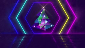 Animation of digital Christmas tree formed with colourful geometric shapes with neon hexagons on purple background. Christmas celebration and festivity concept digitally generated image. - Powered by Shutterstock - Get 15% off with code: PIKWIZARD15