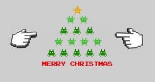 Animation of Merry Christmas text with retro digital Christmas tree moving digital fingers painting on grey background. Christmas celebration and festivity concept digitally generated image.