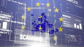 Animation of data processing and diagrams over Europe made of European Union flag waving with moving stars around. European Union flag and holiday concept digital composition. - Powered by Shutterstock - Get 15% off with code: PIKWIZARD15