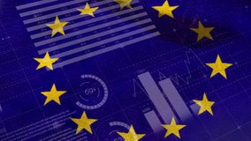 Animation of European Union flag waving over data processing and floating diagrams. European Union flag and holiday concept digital composition. - Powered by Shutterstock - Get 15% off with code: PIKWIZARD15
