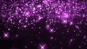 Animation of pink sparkles of light floating over star string lights against a black and purple background. Festive celebration lights and fireworks, digital composite video