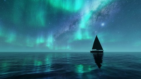 Aurora sea Landscape night light and boat 4k