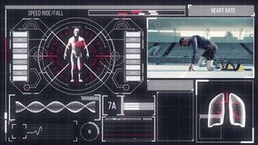 Animation of medical data processing and statistics recording on digital interface screen with disabled male athlete running with blades. Global sports and medicine concept digitally generated image. - Powered by Shutterstock - Get 15% off with code: PIKWIZARD15