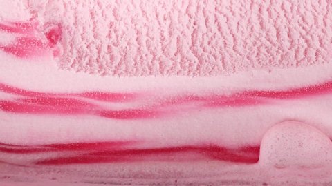 Slow motion Closeup Scoop ice cream Strawberry.