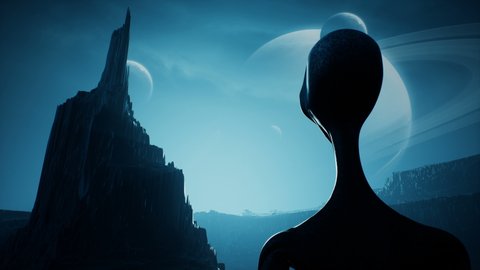 An alien is waiting for the dawn on his unusual planet. Landscape of a beautiful alien planet in far space. Animation for fantasy, science fiction, or space backgrounds.