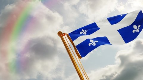 Flag of Quebec Waving in the wind, Cloudy and Rainbow Background, Slow Motion, Realistic Animation, 4K UHD 60 FPS Slow-Motion