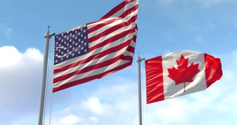 USA and Canada flag on flagpole in Slow Motion waving in wind. Use  Luma Track Mattes for cut out background. Luma Track Mattes for background cutting.