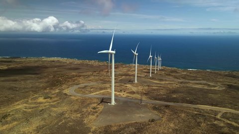 Wind turbine. Renewable energy technology. Drone aerial shot 4k. Renewable electric energy solution to climate change.