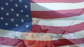 Animation of American flag waving over man in fishing boat with a dog in the background. American society development patriotism concept digital composition. - Powered by Shutterstock - Get 15% off with code: PIKWIZARD15