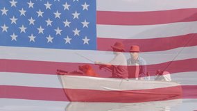 Animation of American flag waving over two men in fishing boat in the background. American society development patriotism concept digital composition. - Powered by Shutterstock - Get 15% off with code: PIKWIZARD15