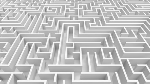 Huge white grey maze. Choices and challenge theme. Complex way to find exit, business concept or education. Template for background. Labyrinth finding a solution. Forward movement. 4K 3d animation