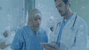 Animation of covid-19 cell floating and data processing over view of multi ethnic male and female healthcare workers discussing in a hospital. Coronavirus Covid-19 pandemic concept digital composite. - Powered by Shutterstock - Get 15% off with code: PIKWIZARD15