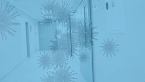 Animation of covid-19 cells floating over a rear view of a group of male and female healthcare workers running through a hospital hall. Coronavirus Covid-19 pandemic concept digital composite. - Powered by Shutterstock - Get 15% off with code: PIKWIZARD15