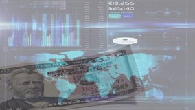 Animation of world map, financial data processing and digital information over person counting American dollar banknotes in the background. Global finance online security concept digital composite. - Powered by Shutterstock - Get 15% off with code: PIKWIZARD15