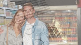 Animation of happy couple embracing, shopping in grocery store with financial data processing. Global finance and shopping concept digital composite. - Powered by Shutterstock - Get 15% off with code: PIKWIZARD15