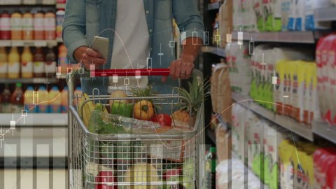 Animation of senior man shopping in grocery store with shopping trolley using his smartphone and financial data processing. Global finance and shopping concept digital composite.