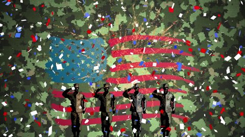 Animation of figures of four soldiers saluting with American flag stars and stripes, confetti and camouflage pattern in the background. American flag patriotism concept digitally generated image.