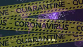 Animation of the words Covid 19 Infection Rise and Coronavirus Quarantine hazard tape over world map of infection and equations on black background. Infection spreads during pandemic digital composite - Powered by Shutterstock - Get 15% off with code: PIKWIZARD15