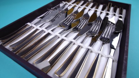set of elegant cutlery in case on light blue background