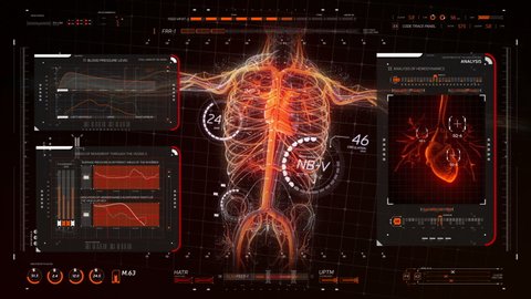 Analysis of Human Anatomy Scan on Futuristic Touch Screen Interface showing blood circulation, organs. Digital displays with an x-ray scan of the heart, blood pressure analysis graphs. HUD interface.