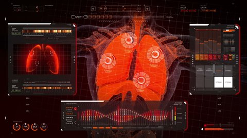 Analysis of Human Anatomy Scan on Futuristic Touch Screen Interface showing blood circulation, organs. Digital displays with an x-ray scan of lungs,graphs of DNA analysis. HUD interface.