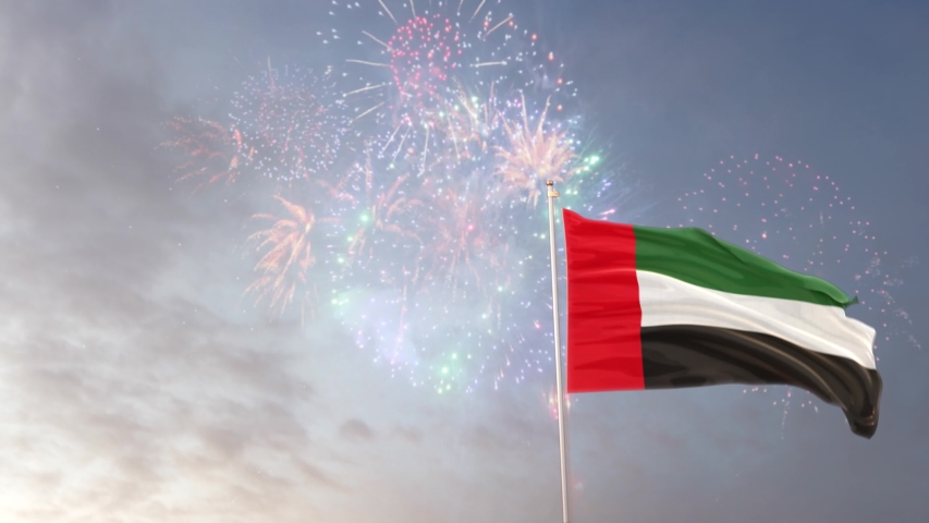UAE Flag With Fireworks Background With Different Angle Of Movement  -3D rendering  Royalty-Free Stock Footage #1057122146