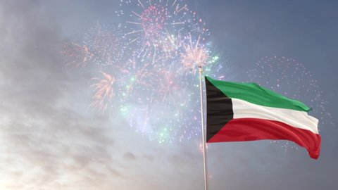 Kuwait Flag With Fireworks Background With Different Angle Of Movement  -3D rendering 