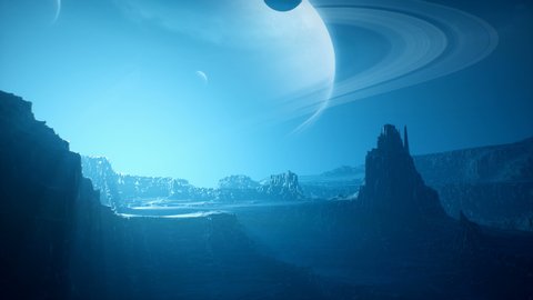 Landscape of an amazing alien unknown planet in far space. Animation for fiction, fantasy or space backgrounds.
