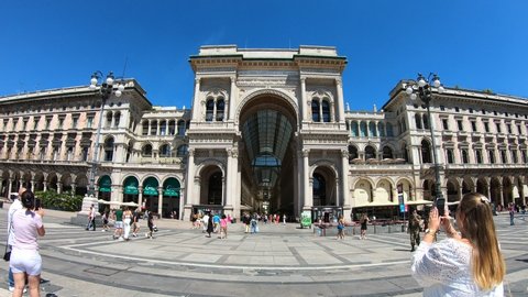 Milan, Italy - August 6, 2020: Hyperlapse shot walking through the Galleria Vittorio Emanuele II in Milan