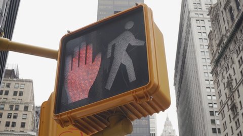 New York, USA. Close Up of Pedestrian Crossing Light With Stop and Walk sign