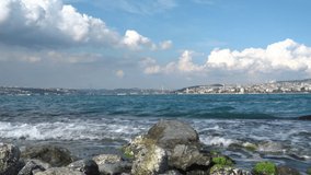 Istanbul Panorama panoramic city view coast sea blue sky, white clouds wonderful perfect atmosphere Bosphorus Bridge in Istanbul Turkey buildings tourism travel trip vacation buying now. 