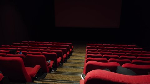 Bandung, Indonesia - Feb 02, 2020: Established Shot of Empty Cinema XXI Studio Interiors at Ubertos (Ujungberung Town Square)